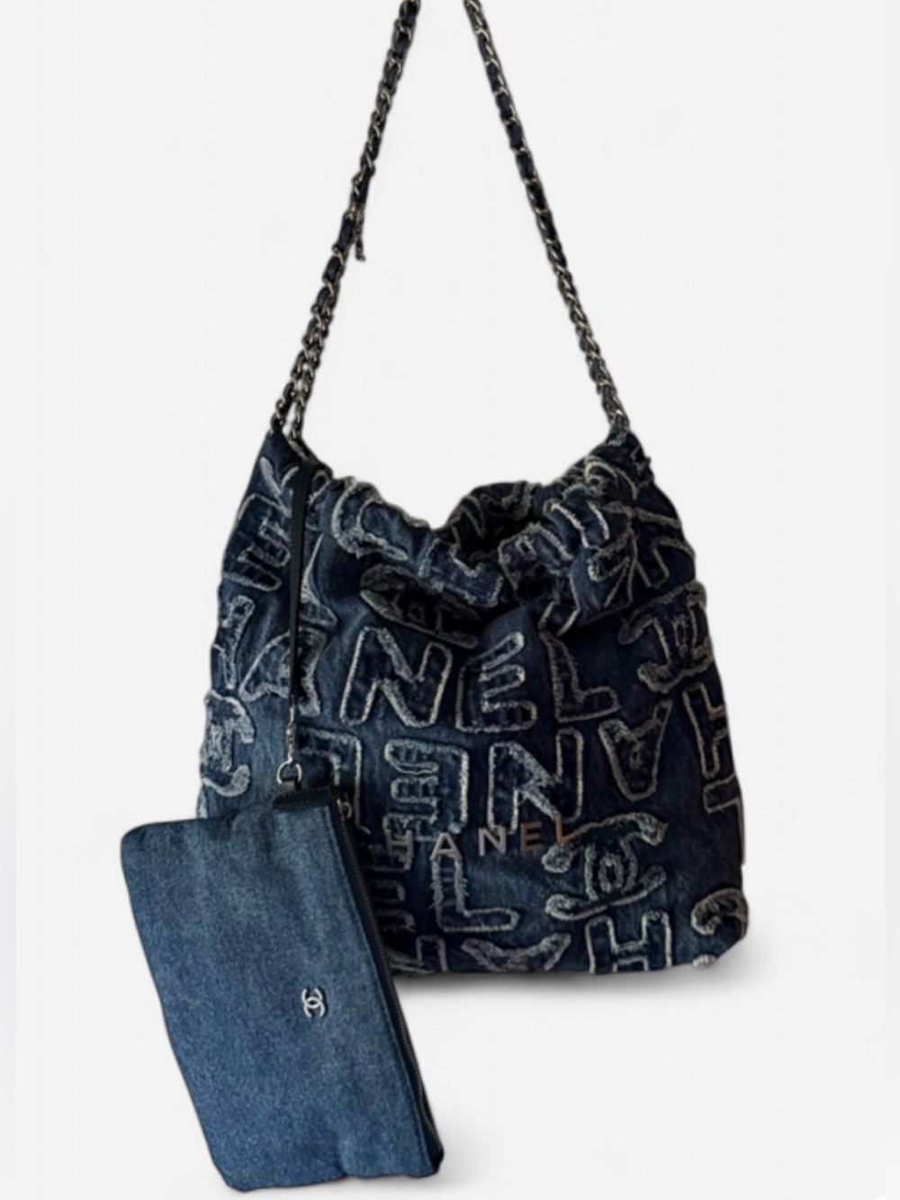 Fashionable Navy Patchwork/Distressed Style Denim Bag with Silver Hardware